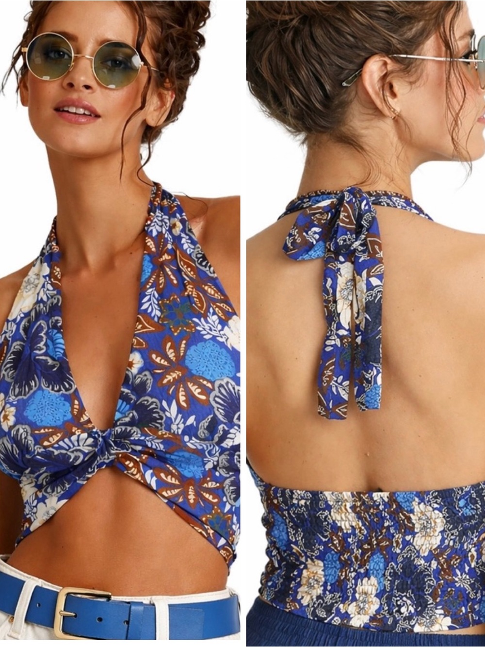 Boho Organic Viscose Halter Cropped Top Summer | Smocked Back Adjustable Fit S-M